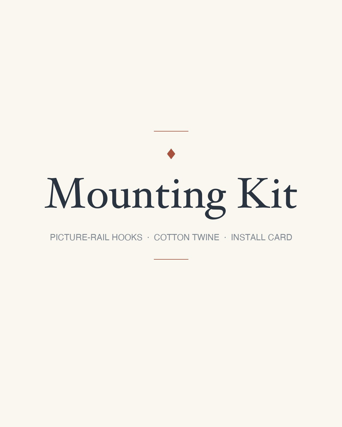 Mounting kit — picture-rail hooks, cotton twine, install card