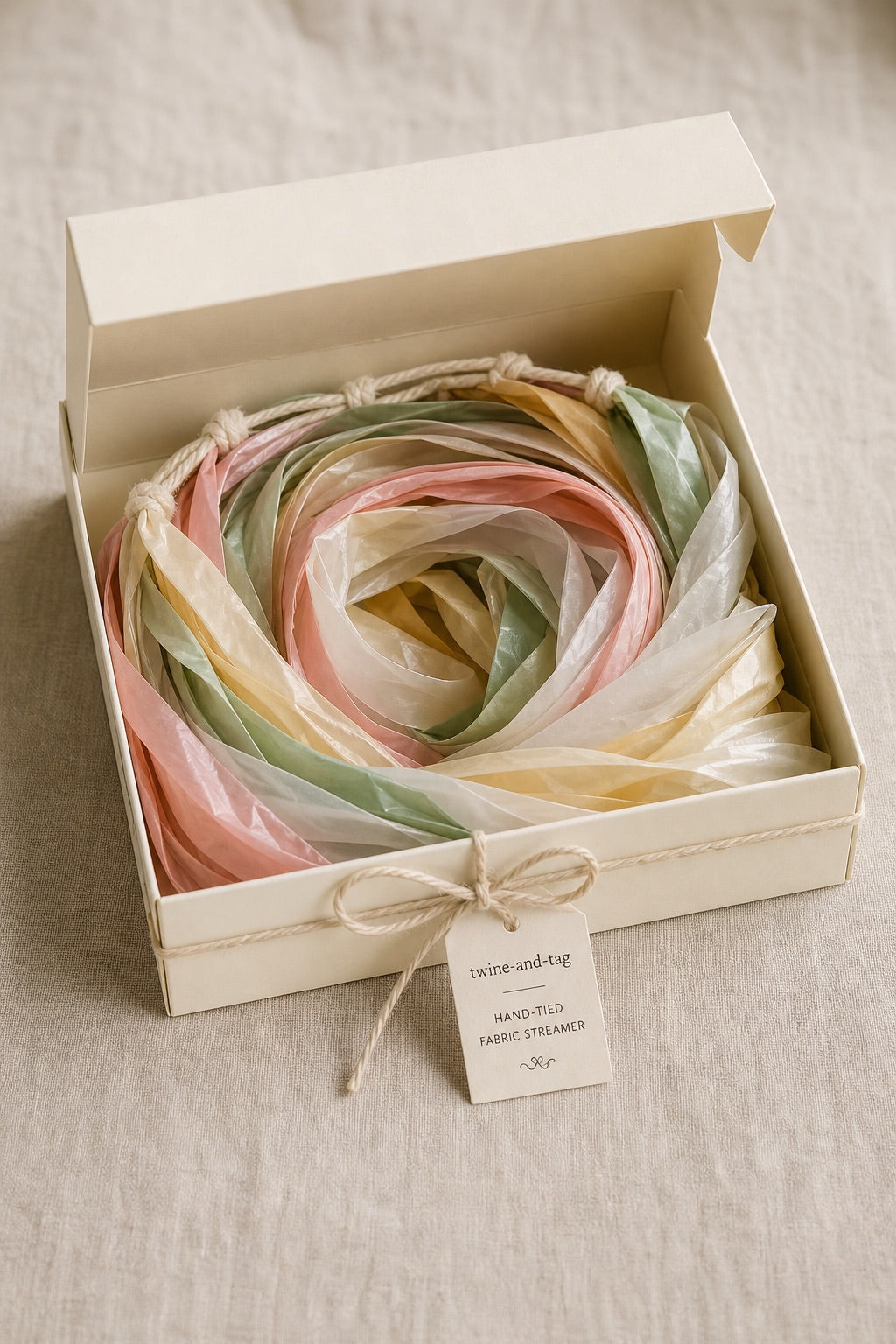 Gift box — kraft box with strand coiled inside, twine and tag closure